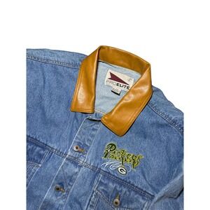 Vintage 1995 ProElito Green Bay Packers Denim Jacket Leather Collar XXL